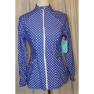 NEW Tzu Tzu Sasha Jacket LARGE Blue White Polka Dots Full-Zip Pockets Stretch